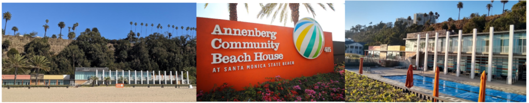 Composite image of Annenberg Community Beach House, showing the beach shore, welcome sign, and pool.